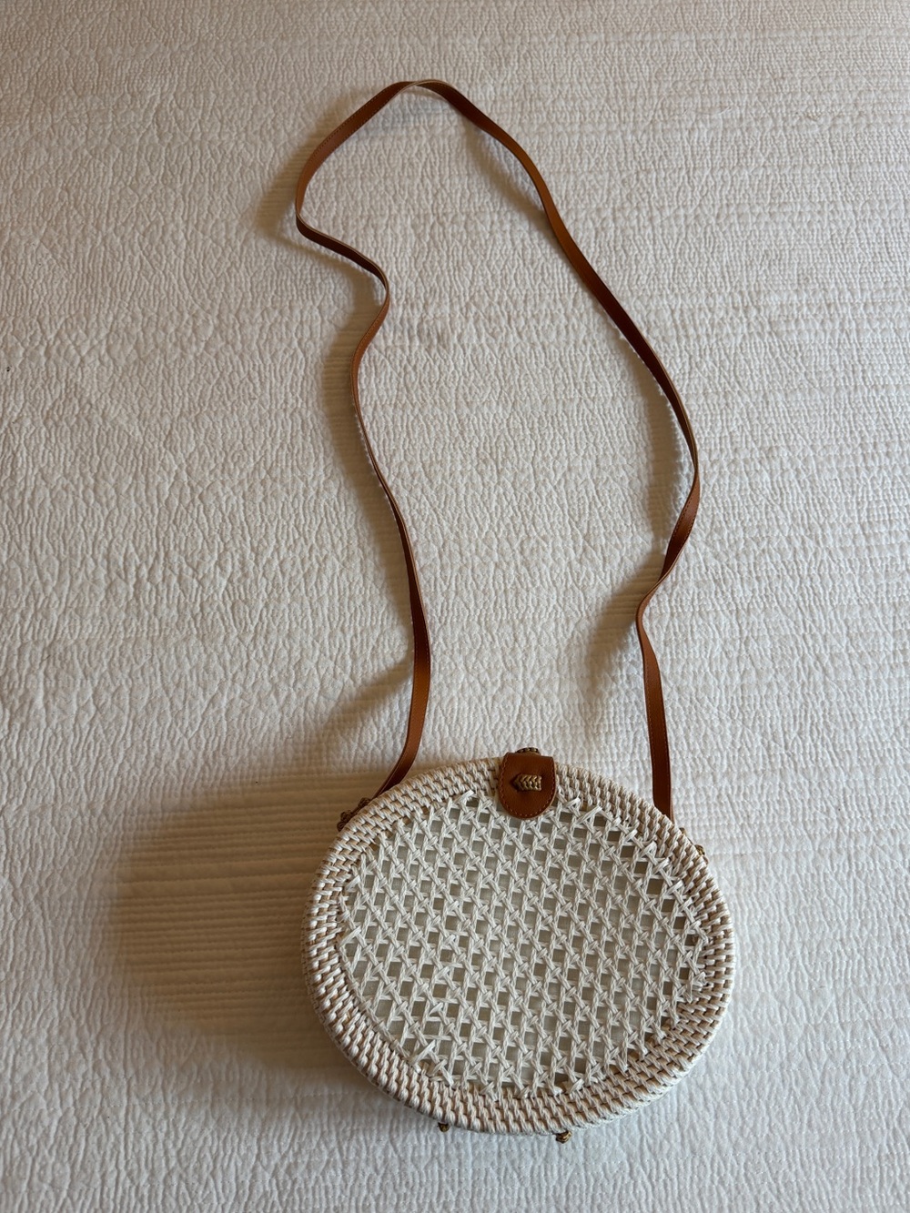 Round Woven Crossbody Bag in Cream with Brown Strap